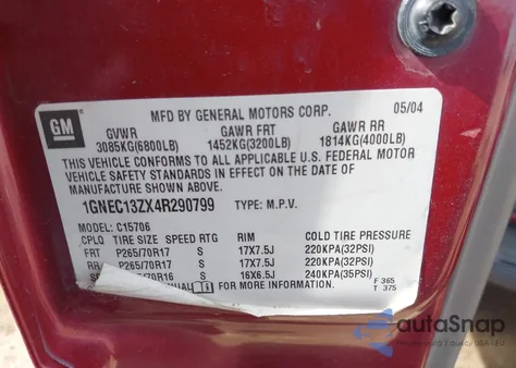 2004 Chevrolet Tahoe Ls z USA, uszkodzony, nr VIN 1GNEC13ZX4R290799